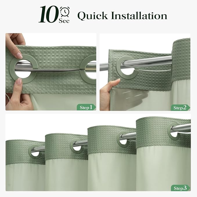 Sage Green Hook Free Waffle Shower Curtain & Snap-in Liner,54x81 | Less Time to install, 3 in 1 Fabric Shower Curtain and Liner Set with Magnets, Stall, Long, Shower Curtains for Bathroom