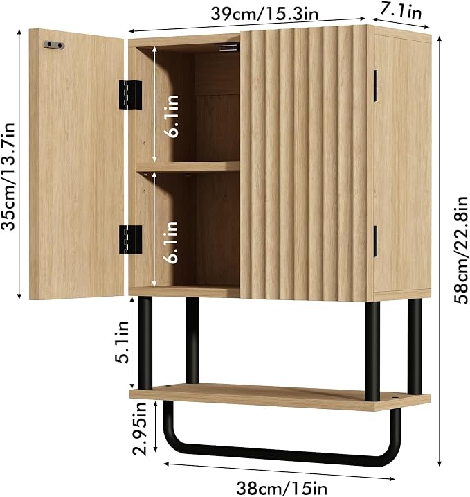 RUSTOWN Fluted Bathroom Wall Cabinet with 2 Doors, 3-Tier Medicine Cabinet | Modern Farmhouse Wall Mounted Cabinets, Over The Toilet Storage Cabinet, Adjustable Shelf and Towel Bar, Small