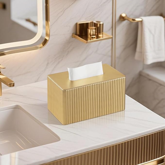 PU Leather Tissue Box Cover Rectangle, Tissue Box Holder Gold | Inner Height 4.7 Inches, Fits 180/230 Count Tissue Boxes, Non Slip Base, Rectangular Tissue Cover for Bathroom Nightstand
