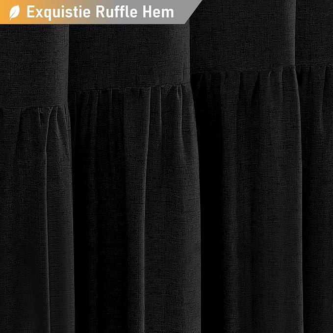 Extra Long Linen Ruffle Farmhouse Cloth Shower Curtain, 72x96, Black | Ruffle Hem, Heavy Duty Fabric, 12 Hooks, Elegant Drape, Shabby Chic Style, Bathroom Decor, Machine Washable, Easy To Install
