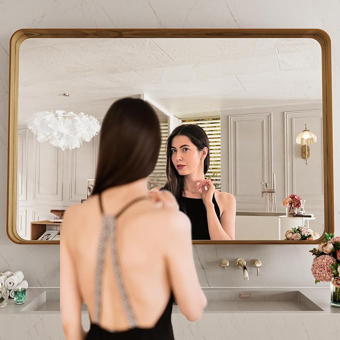 LOAAO 48X32 Inch Bathroom Mirror with Wood Grain Colored Metal Frame | Rounded Rectangle Metal Framed, Anti-Rust, Hangs Horizontally or Vertically, Tempered Glass