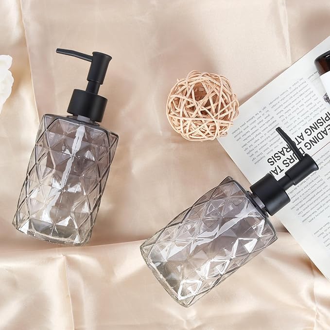 Glass Soap Dispenser with Plastic Pump, 2 Pack 12oz Gradient Diamond Design Black Soap Dispenser for Dishwashing Liquid, Lotion Shower Gel