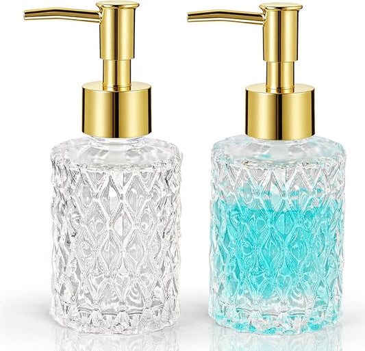 2PCS Glass Hand Soap Dispenser with Pump for Bathroom/Kitchen | Small Crystal Soap Dispenser Refillable Liquid for Dish Soap, Hand Soap, Essential Oil & Lotion (Transparent,Gold Pump)