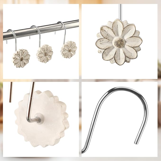 BreezeHug 12 Pcs Boho Shower Curtain Hooks Decorative Shower Curtain Hangers for Bathroom Rod Resin Round Rings with White Flower Pattern, Waterproof