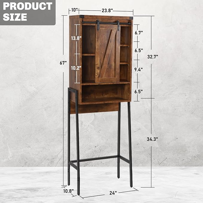 Over Toilet Storage Cabinet with Barn Door & Adjustable Shelves | 24 Inch Wide Bathroom Organizer, Space-Saving, Sturdy Wood, Anti-Tipping, Easy Assembly, for Restroom, Laundry, Small Spaces