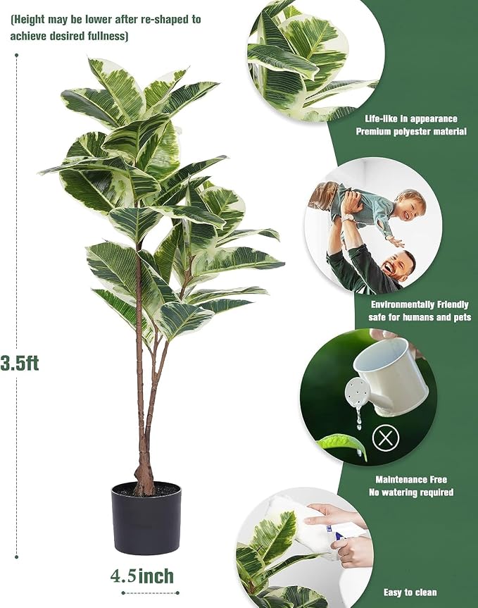 FLOWORLD Artificial Rubber Tree Plant 43in Tall Faux Ficus Tree Potted Fake Tropical Decorative House Large Floor Artificial Plants for Home Office Store Room Decor
