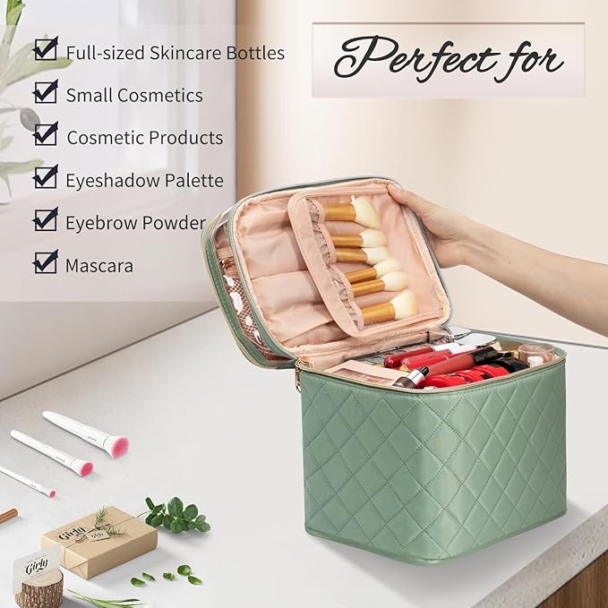 Large Makeup Bag, Double Layer Makeup Bag, Vertical Storage Cosmetic Case for Women/Girls with Multiple Compartments-Green