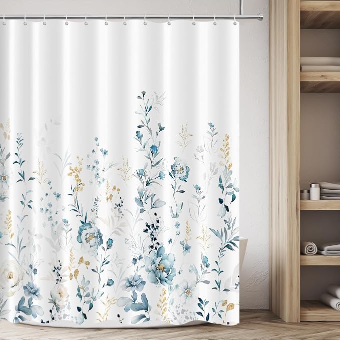 Tititex Aesthetic Blue Floral Shower Curtain, Watercolor Gold Leaves Plant Bathroom Decoration Shower Curtain Sets 71x71 Inch with Hooks