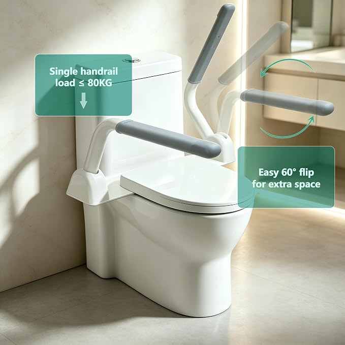 Toilet Safety Rails for Seniors – 500 lb Flip-Up Arms to Help You Stand, No-Drill Sit-to-Stand Support Rails, Toilet Hand Rails & Bars for Elderly, Handicapped & Disabled