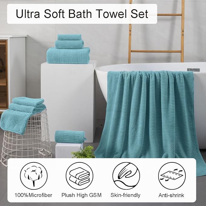 8 Pcs Turquoise Oversized Bath Towel Set-2 Extra Large Bath Sheets,2 Hand Towels,4 Washcloths Soft Bathroom Towels Highly Absorbent Quick Dry Beach Chair Towels Woven Towels for Hotel and Spa