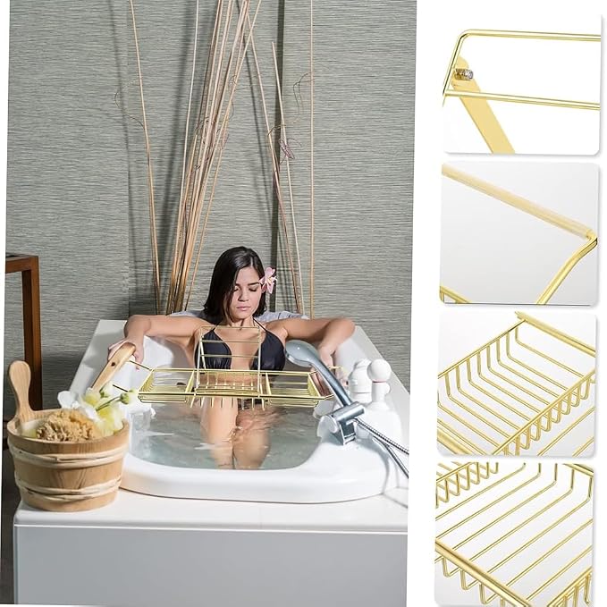 Bathtub Caddy Tray, Stainless Steel Extendable Bath Tub Tray Table in Brushed Gold Finish with Removable Book Holder Rack Holder, Expandable Bath Tub Shelf for Reading, for Home Bathroom