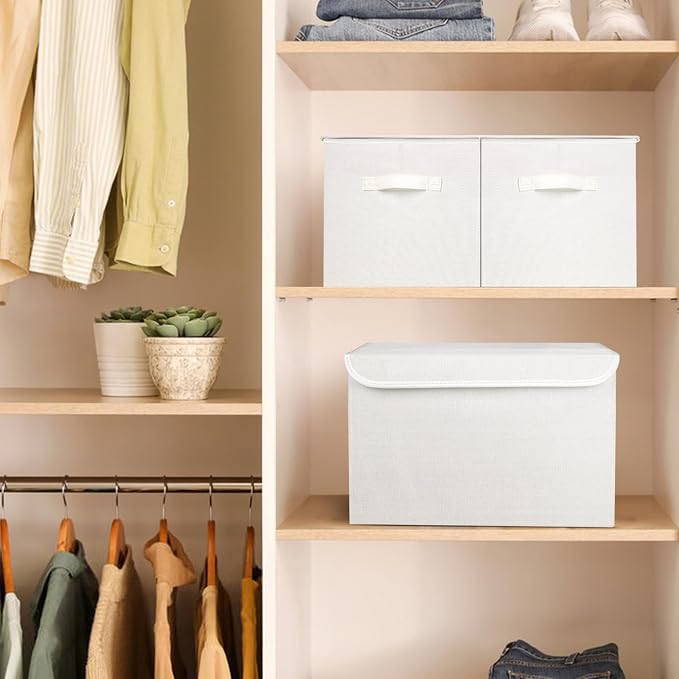 Large 42 Quarts Fabric Storage Bins with Lids [2-Pack] Linen Collapsible Foldable Storage Cubes, Closet Organizer Containers boxes with Handles for Home Office (16.7 x 12 x 12, White)