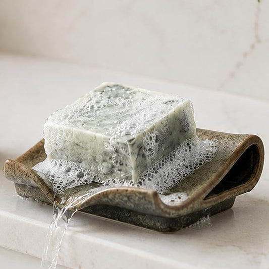 Zoeeker Self-Draining Soap Dish, Ceramic Bar Soap Holder with Drainage | Waterfall Design Soap Saver for Bathroom, Kitchen, Sink, Countertop, Sink Organizer Tray Keeps Dry, Variegated Brown Glaze