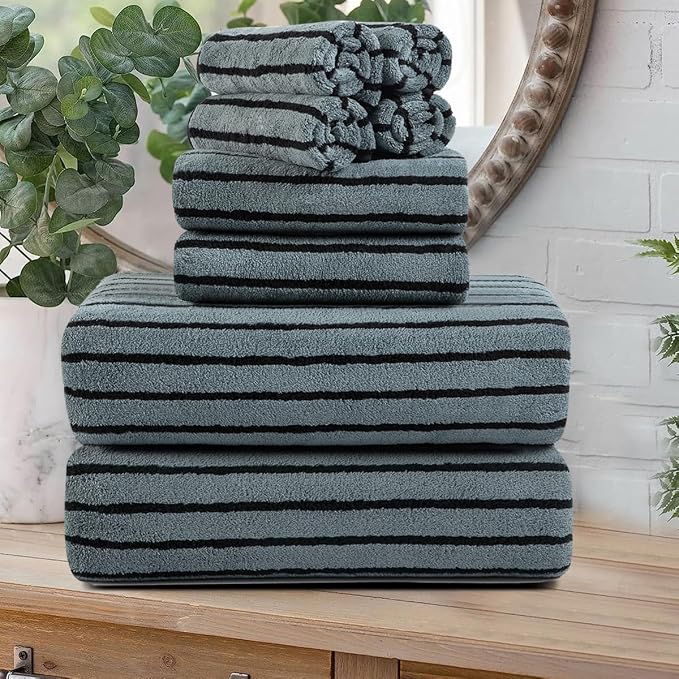 8 Pcs Cabana Stripe Large Towel Set Polyester Bath Hand Towels Washcloths | Fluffy oversize towel with hang loops absorbent quilck dry multiple pack easy replacement family sets for beach pool gym yoga
