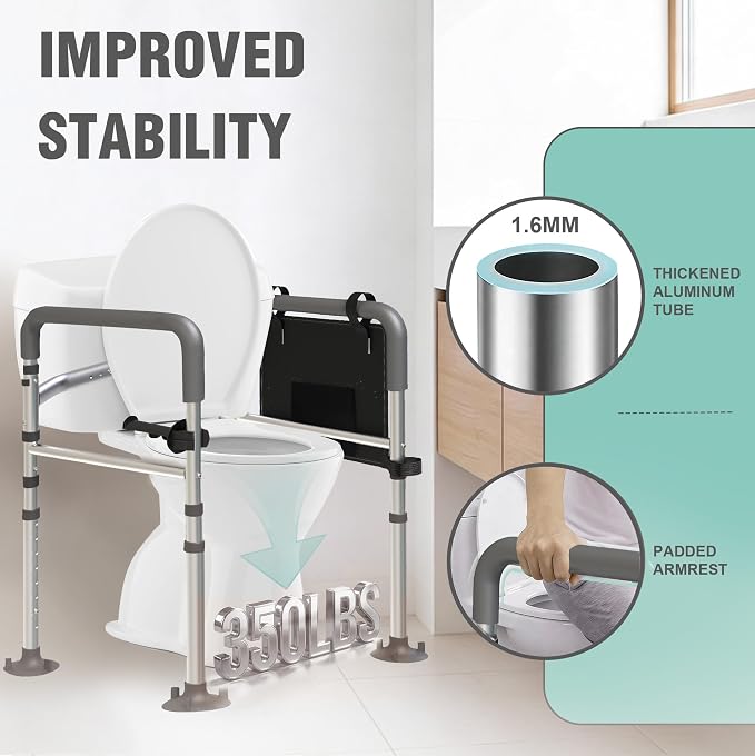 Toilet Safety Rails(350LBS), Adjustable Toilet Frame with Handles for Seniors, Elderly & Disabled, Foldable Toilet Grab Bars with Tissue Holder & Storage Bag,Fit Any Toilet, Gray
