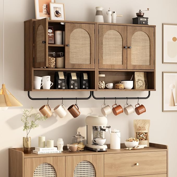 RUSTOWN Rattan Bathroom Wall Cabinet, Boho Medicine Cabinet with 2 Doors | Arched Doors, Farmhouse Over The Toilet Storage Cabinets, Adjustable Shelves, Towel Bar, 3-Tier Wall Mounted Cabinets