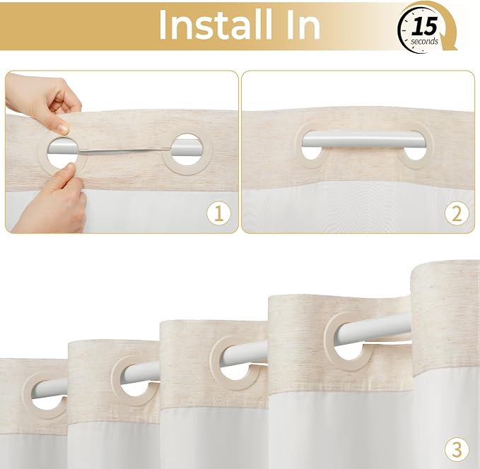 WONICY Linen Texture No Hook Shower Curtain with Liner, Linen Cream, 71x74 | Waterproof & Washable, Snap in Liner, Hotel Style, Mesh Top Window, Bottom Magnets, Thick, for Bathroom