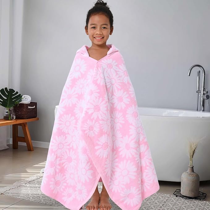 VOOVA & MOVAS Toddler Hooded Towel Wrap, 3-10 Years, 100% Cotton,Daisy | Romantic Daisy Jacquard Pattern, Premium Turkish Fabric, Silky Soft Feel, Works for Bath, Beach, Pool and Daily Swimming
