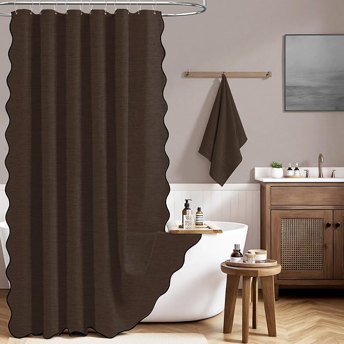 60x72 Boho Scalloped Linen Textured Cloth Shower Curtain Set, Brown | Narrow Size, 230GSM Waterproof Polyester, Heavy Duty Fabric, 10 Plastic Hooks, Chic Modern Farmhouse Style, Machine Washable