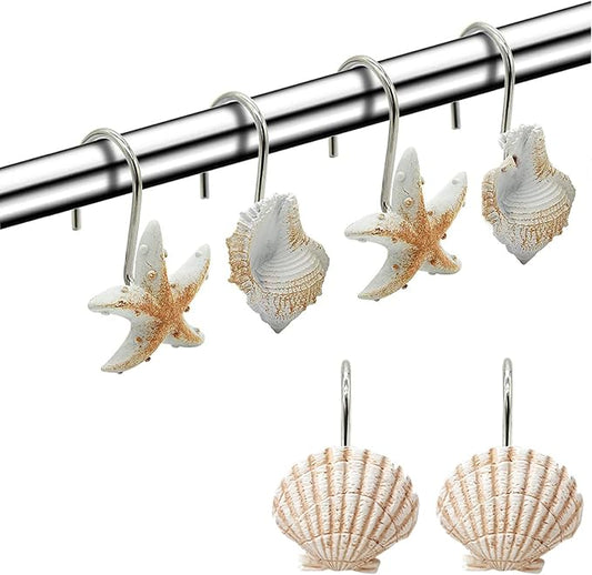 Seashell Shower Curtain Hooks for Bathroom Decorative, 12pcs Anti Rust Decorative Resin Shower Curtain Rings Rods Hooks