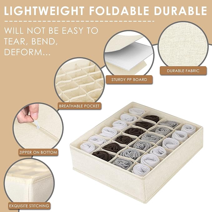 3 Pack Sock Underwear Drawer Organizer Dividers, 64 Cell Fabric Foldable Cabinet Dresser Closet Organizers and Storage Boxes for Organizing Socks, Underwear, Ties (16+24+24 Cell, Beige)