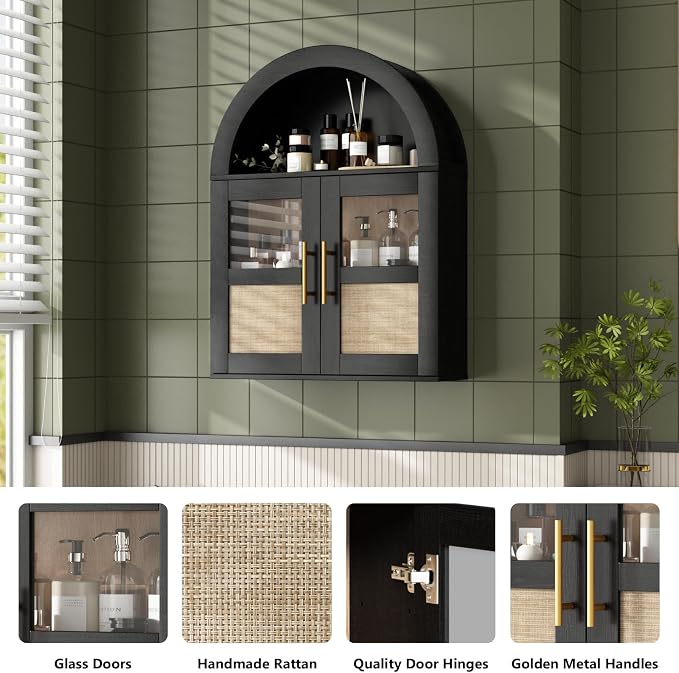 RUSTOWN Arched Bathroom Wall Cabinet with 2 Glass & Rattan Doors | Rattan Medicine Cabinet, Farmhouse Over the Toilet Storage Cabinet, Adjustable Shelves, 3-Tier Wall Mounted Cabinets