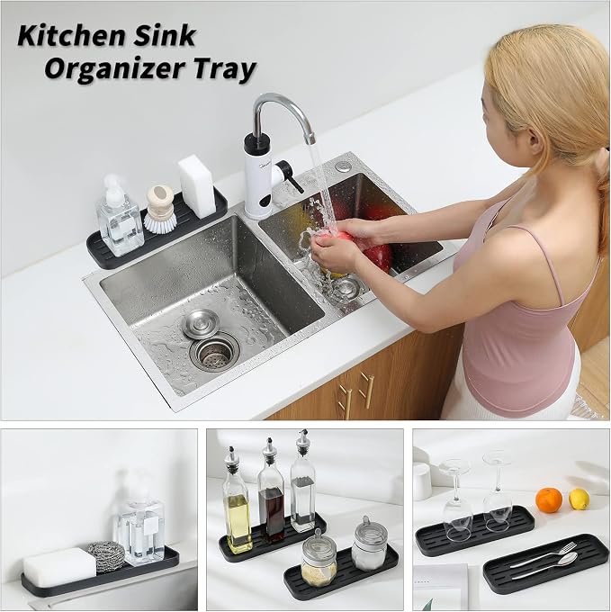 MicoYang Silicone Kitchen Sink Organizer Tray for Multiple Usage,Eco-Friendly Sponges Holder for Kitchen Bathroom Counter or Sink,Dish Soap Dispenser,Scrubber,Bottle,Cup (Black, 12"×4")