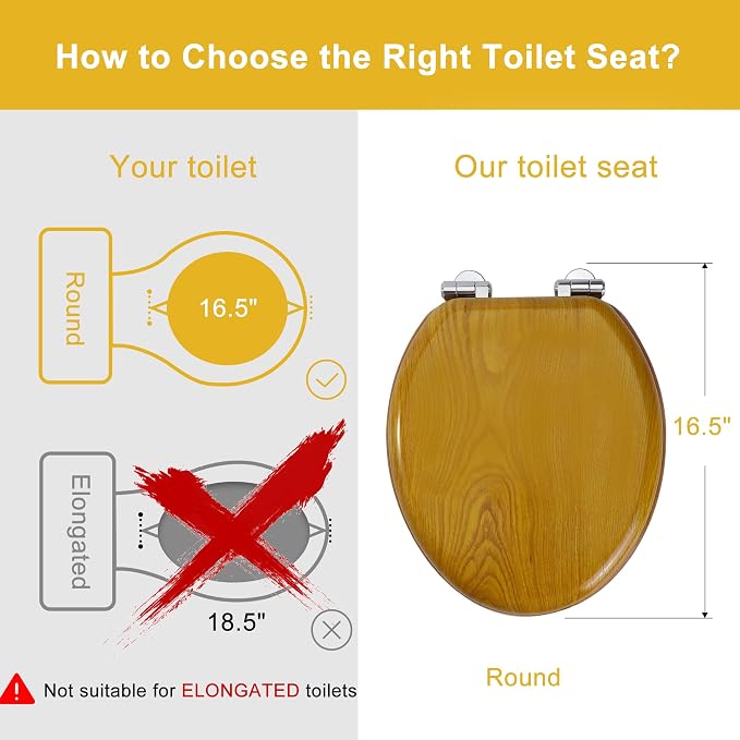 Angel Shield Toilet Seat Round Wood Veneer Quiet Close(Oak) | Quick Release Metal Hinges, Adjustable Fit for Standard Round Toilets, Easy to Install&Clean