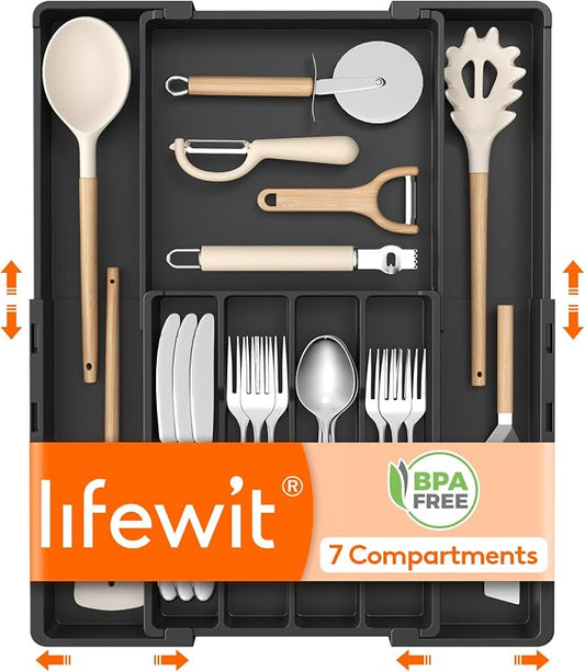 Lifewit Silverware Drawer Organizer, Expandable Utensil Tray for Kitchen | BPA Free Adjustable Flatware and Cutlery Holder, Plastic Storage for Spoons Forks Knives, 8.9-14.2 x 11.3-19.4 x 1.7, Black