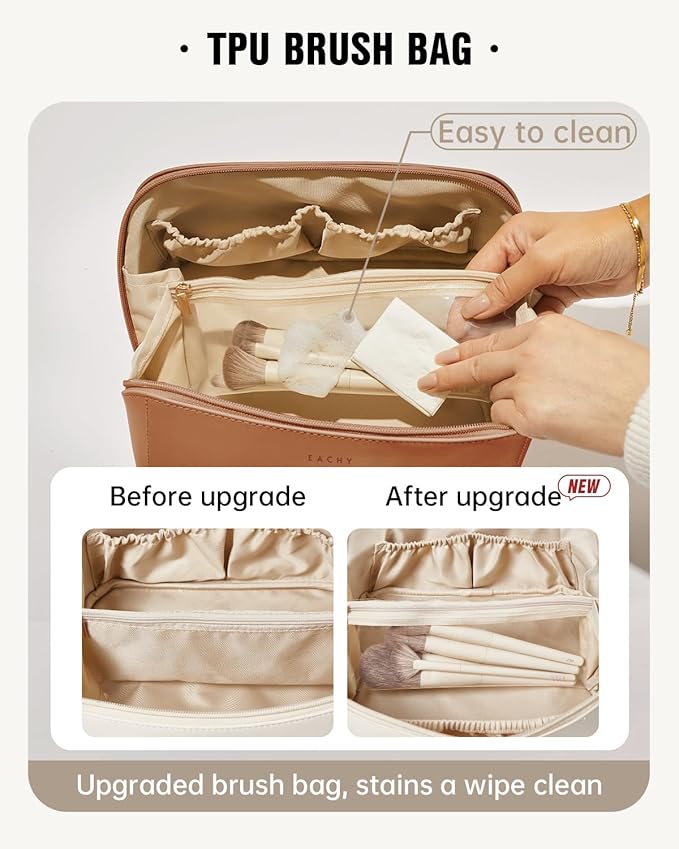 EACHY Travel Makeup Bag for Women, PU Leather Cosmetic Bag, Brown, Large | Water-resistant PU leather exterior with flat-open access, clear TPU brush compartment and organized storage for cosmetics