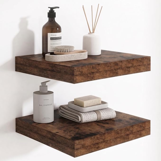 Deep Floating Shelves for Wall, 12 Inch Wide Small Wall Shelves Set of 2, 2 Inch Thick Invisible Wall Mounted Shelves for Bathroom Bedroom Nursery,Rustic Brown