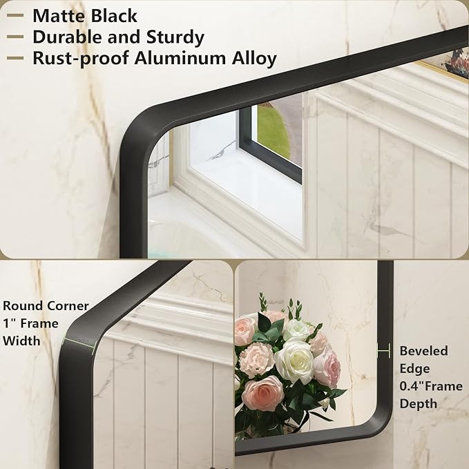 OKPAL 30X36 Inch Matte Black Metal Frame Bathroom Mirror for Wall, Black Bathroom Vanity Mirror Farmhouse, Black Rounded Rectangle Mirror, Anti-Rust, Tempered Glass (Horizontal/Vertical)