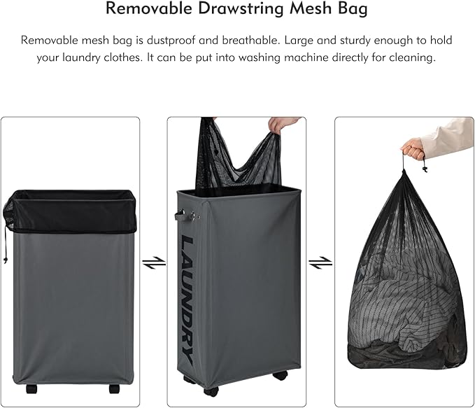 DOKEHOM 29" Enlarged Slim Rolling Laundry Basket Hamper on Wheels, Grey | Collapsible tall laundry hamper with removable mesh wash bag. Foldable narrow corner clothes storage bin for small spaces