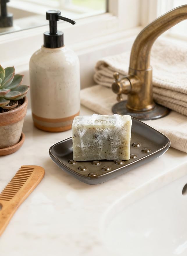 Miamolo Soap Dish for Shower, Bar Soap Holder, Raised Design No Mushy Soap | Space-Saving Soap Saver | Ceramic, Non-Slip, Dishwasher Safe | Fits Shower, Tub, Kitchen Sink | Farmhouse Rustic Decor, Brown