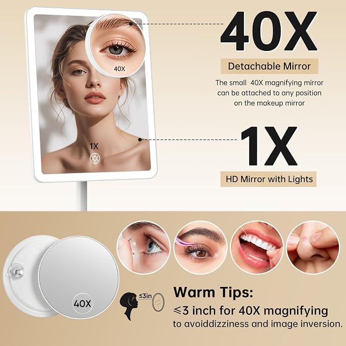 FUNTOUCH 4000mAh Rechargeable Vanity Mirror with Lights 40X Magnifier,White | 3-Color Lighting Makeup Mirror with Lights & 84 LED,360°Rotation Touch Dimmable Lighted Makeup Mirror for Bedroom Tabletop
