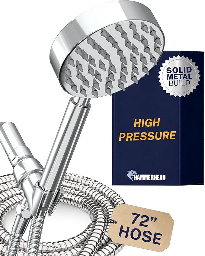 HammerHead Showers® Solid Metal Handheld Shower Head with Hose and Brass Holder - CHROME - 2.5 GPM High Pressure Shower Heads with Adjustable Shower Wand Bracket - 6ft Flexible Extension