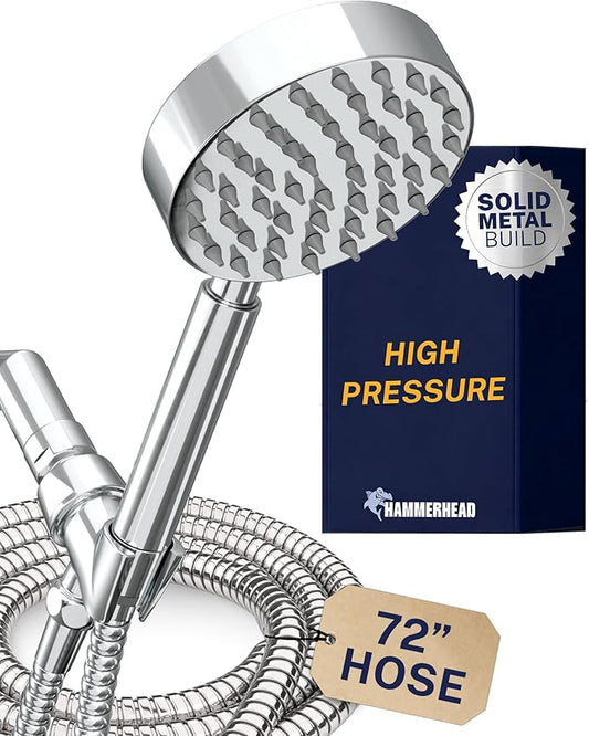 HammerHead Showers® Solid Metal Handheld Shower Head with Hose and Brass Holder - CHROME - 2.5 GPM High Pressure Shower Heads with Adjustable Shower Wand Bracket - 6ft Flexible Extension