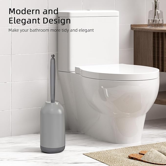 HAMITOR Toilet Bowl Brush Holder Set, Dead Corner S-Shaped Bristle Scrubber | Curved Bristles Clean under Rim and Corners, Ventilated Holder Dries Fast, Long Ergonomic Handle, Soft Grip, Saves Space, Rv