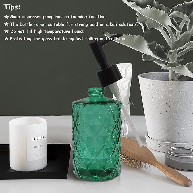 YYTSGG Green Bathroom Soap Dispenser Set with Black Plastic Pump, 12oz | Glass Lotion Dispenser, Crystal Hand Soap Dispenser for Modern Home Decor, Kitchen Countertop, Hotel