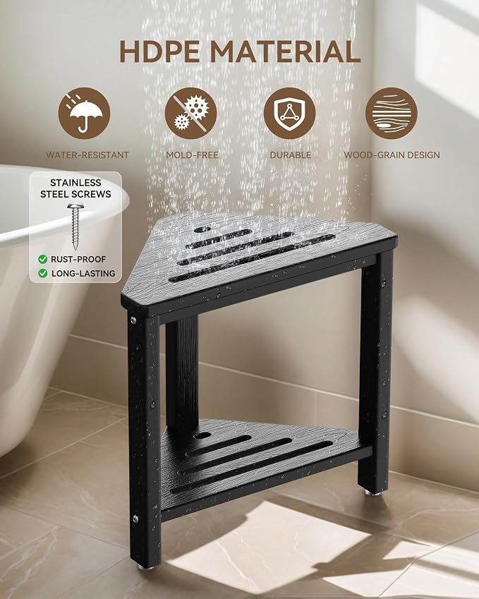 Shower Foot Rest 15in, HDPE Waterproof Shower Stool for Inside Shower, Corner Shower Stool for Shaving Legs with Storage Shelf for Small Space, Shower Step Stool, Plastic Corner Shower Bench, Black