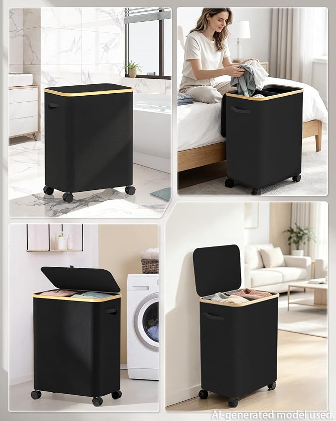 Double Laundry Basket with Wheels and Lid, 150L Clothes Hampers for Laundry | Large Laundry Hamper with 2 Sections & Removable Liner Bags, Rolling Dirty Clothes Basket for Bedroom Bathroom Dorm College