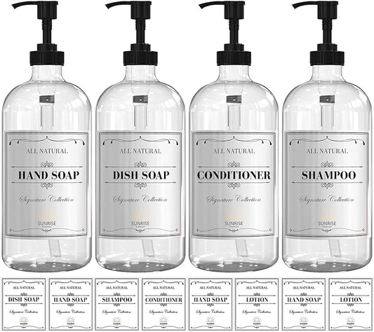Clear Glass Soap Dispenser with Pump, 16 oz | Clear Glass, Soap Dispenser Pump, Bathroom and Kitchen Sink use,12 Waterproof Labels (pack of 4)