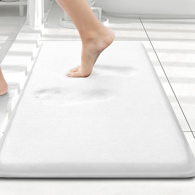 Smiry Memory Foam Bath Mat 24x16, Extra Soft and Absorbent Bathroom Rugs | White, Quick Dry Machine Washable Non-Slip Bath Mat for Bathroom Floor, Shower and Tub