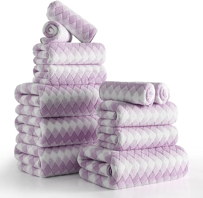 12 Pcs Light Purple Diamond Towel Set-4 Bath Towels,4 Hand Towels,4 Washcloths Soft Polyester Bath Towel with Loop Absorbent Shower Towel Quick Dry Family Towels for Bathroom Spa Gym