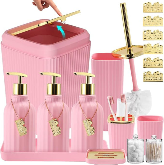 17PCS Bathroom Accessories Set, Pink Bathroom Set Bathroom Accessories Set with Trash Can, Toilet Brush, Toothbrush Holder, Qtip Holder & 3PCS Soap Dispenser