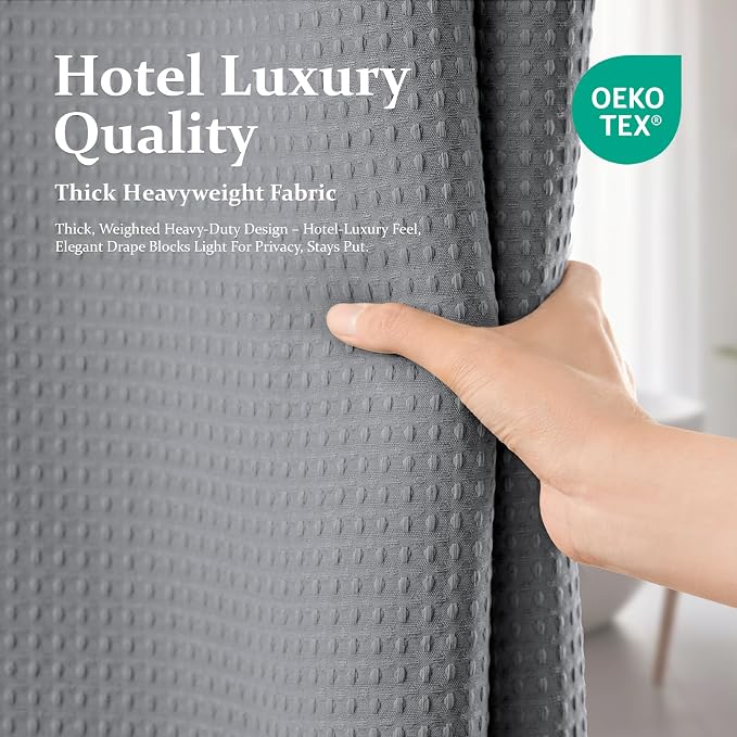 Stall Waffle Shower Curtain 256 GSM Heavy Fabric 48x72 Grey/Gray | 48 Inch Wide, Thick Polyester Cloth, Weighted Hem, Water Repellent, Washable Hotel Shower Curtain Set for Bathroom 8 Hooks