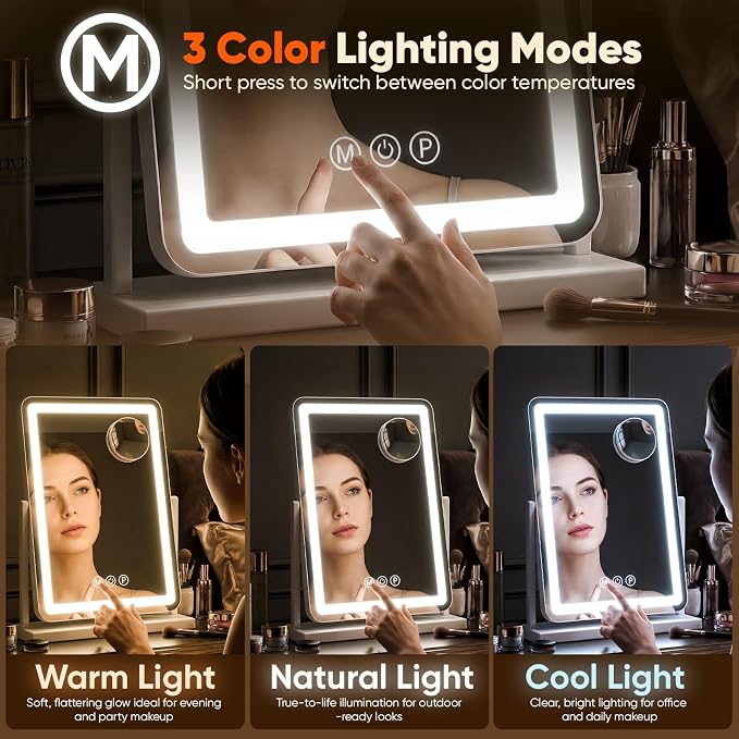 Antok Vanity Mirror with Lights, 14"X18" Lighted Makeup Mirror, Smart Touch, 3 Color Modes and Brightness Adjustable, LED Vanity Mirror with Detachable 10X Magnification, 360° Rotation for Makeup Desk
