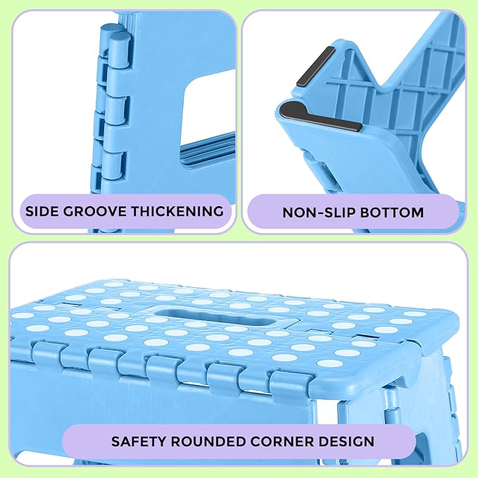 Dyforce Kids Step Stool 9 Inch, 300lbs Folding Step Stool for Toddler | Step stool for Blue,Anti-slip Heavy Duty with Handle, Lightweight Foldable Foot Stool for Bathroom Kitchen Bedroom Outdoor