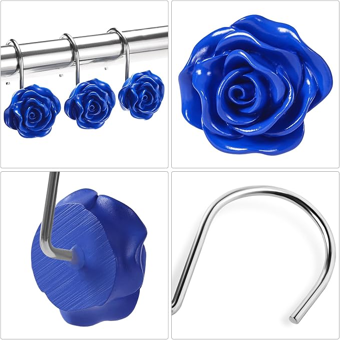 Cute Rose Floral Shower Curtain Hooks Rings for Bathroom,Blue 12PCS | Metal Rustproof Curtain Hooks Shower Rings,Girls Decorative Flower Bathroom Decor,for Bathroom Shower Rods