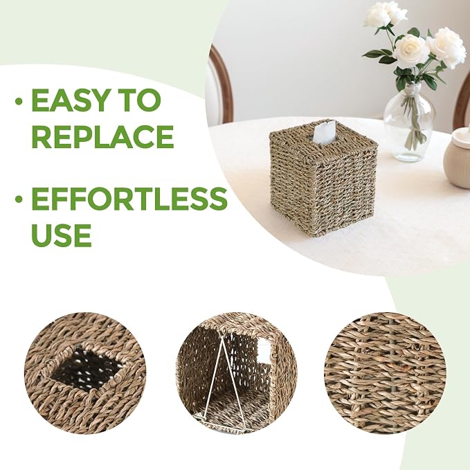 Seagrass Tissue Box Cover Square, Handwoven Facial Tissue Box Holder | Natural Seagrass, Decorative Cube Wicker Tissue Cover Tissue Holder for Bathroom Bedroom Office, Boho Decor